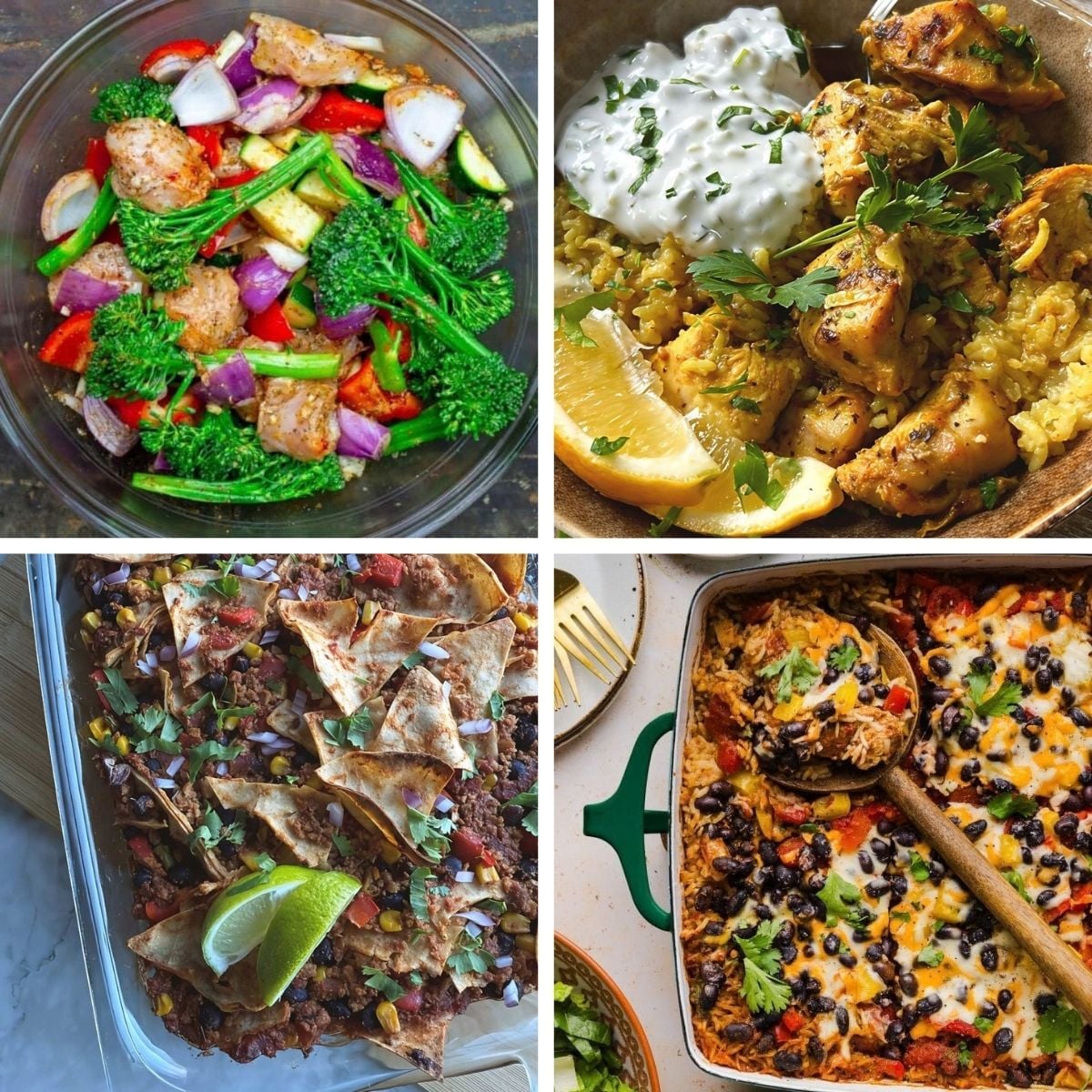 Four-panel collage of healthy dump and bake recipes including chicken and vegetables, rice casserole, and taco bake.