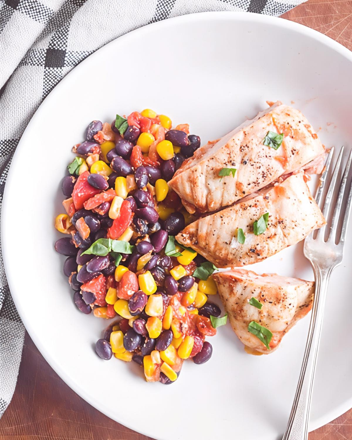 Baked salsa chicken with black beans and corn, an easy dump and bake recipe for dinner