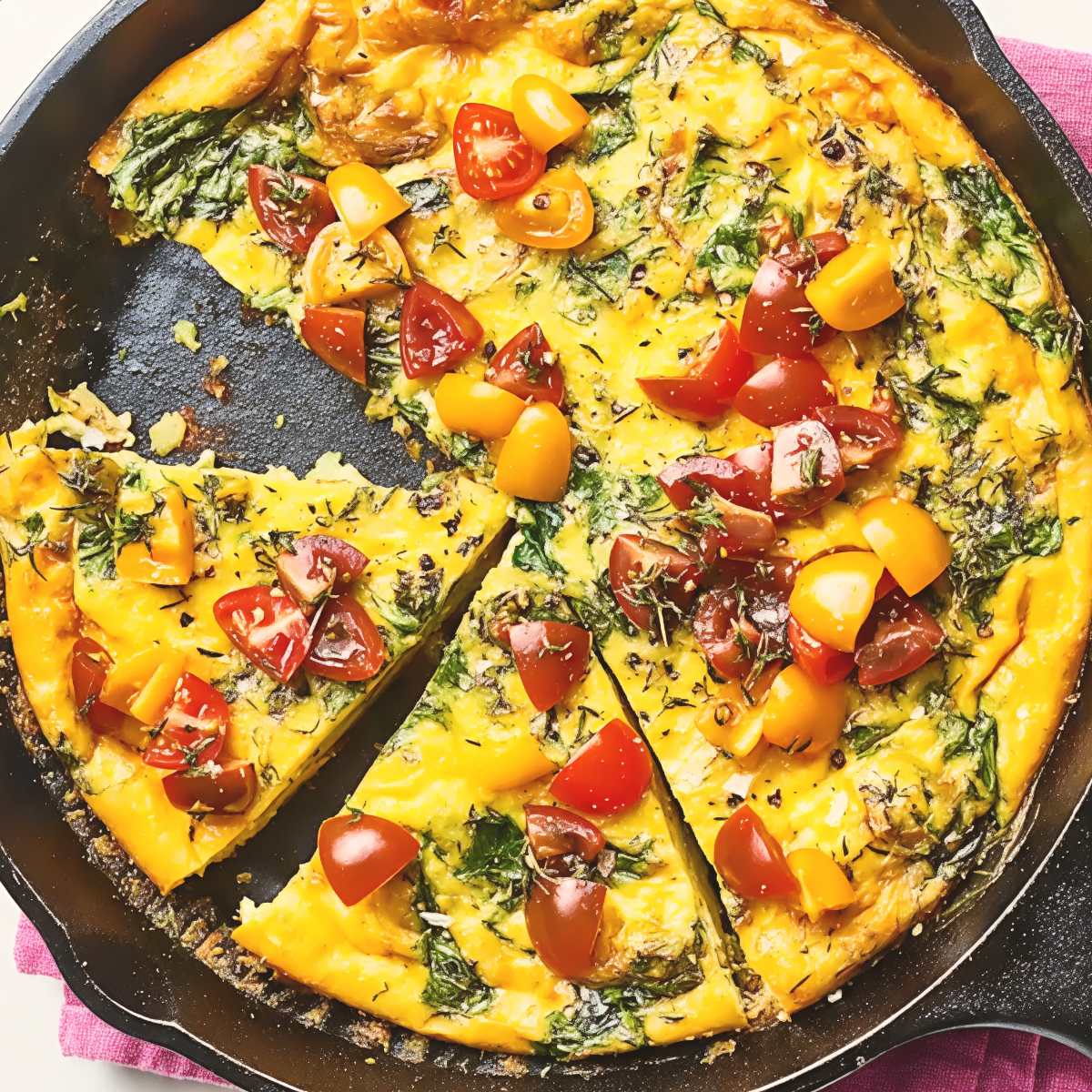A slice cut from a freshly baked frittata topped with red and yellow cherry tomatoes in a cast iron skillet as Thanksgiving breakfast ideas.