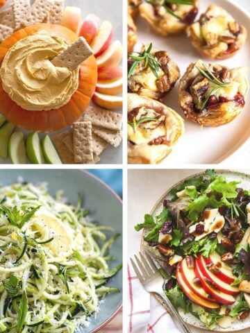 A collage featuring pumpkin fluff dip, cranberry brie bites, fall apple salad, and honey-whipped feta dip, representing easy Thanksgiving side dishes for a crowd.