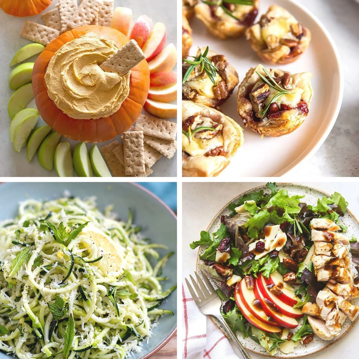 A collage featuring pumpkin fluff dip, cranberry brie bites, fall apple salad, and honey-whipped feta dip, representing easy Thanksgiving side dishes for a crowd.