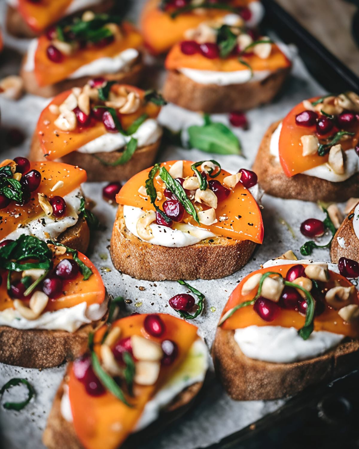 Crispy vegan crostini topped with creamy spread, sliced persimmons, pomegranate seeds, and chopped nuts, perfect for vegan Thanksgiving appetizers.