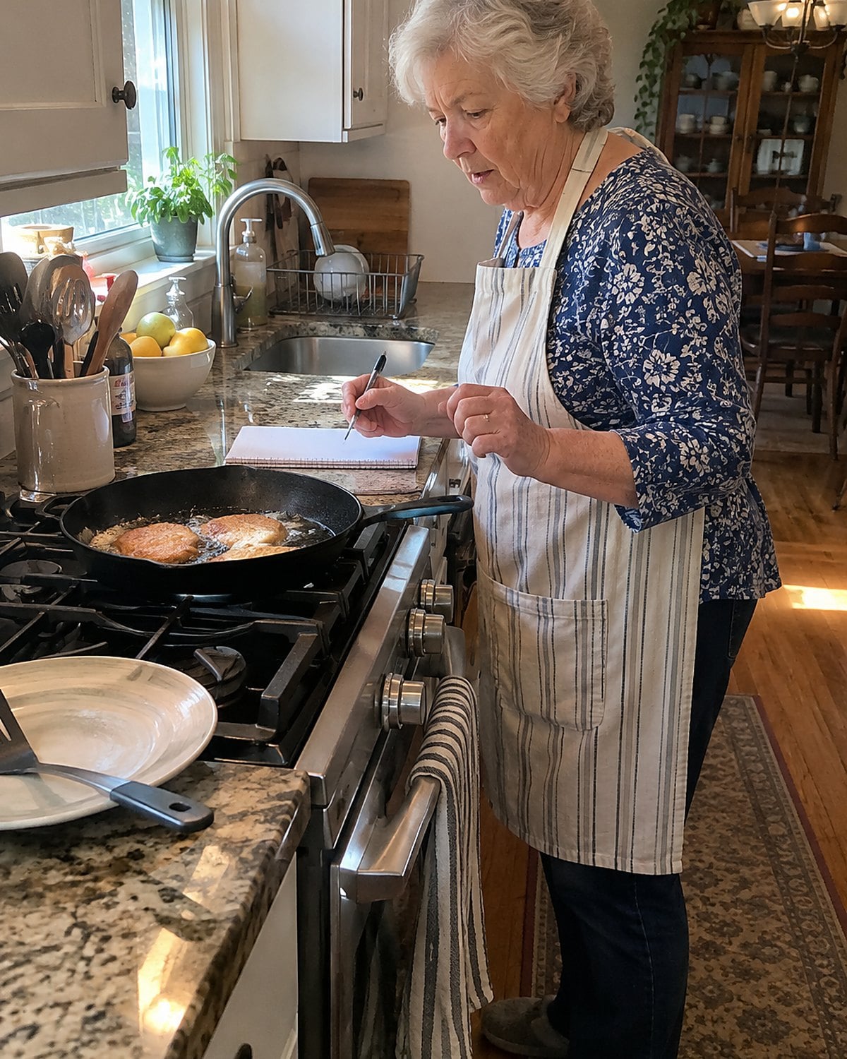 An older hand writes a family recipe on a page beside a pan on the kitchen counter.
