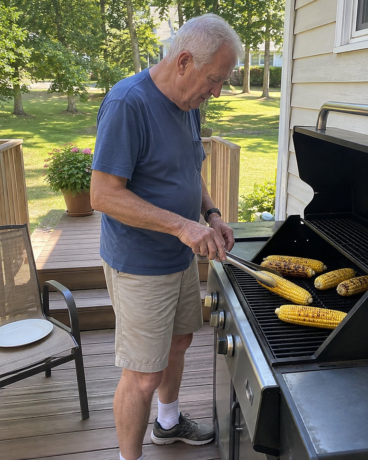 A man's hand turns corn on a grill beside the porch steps.
