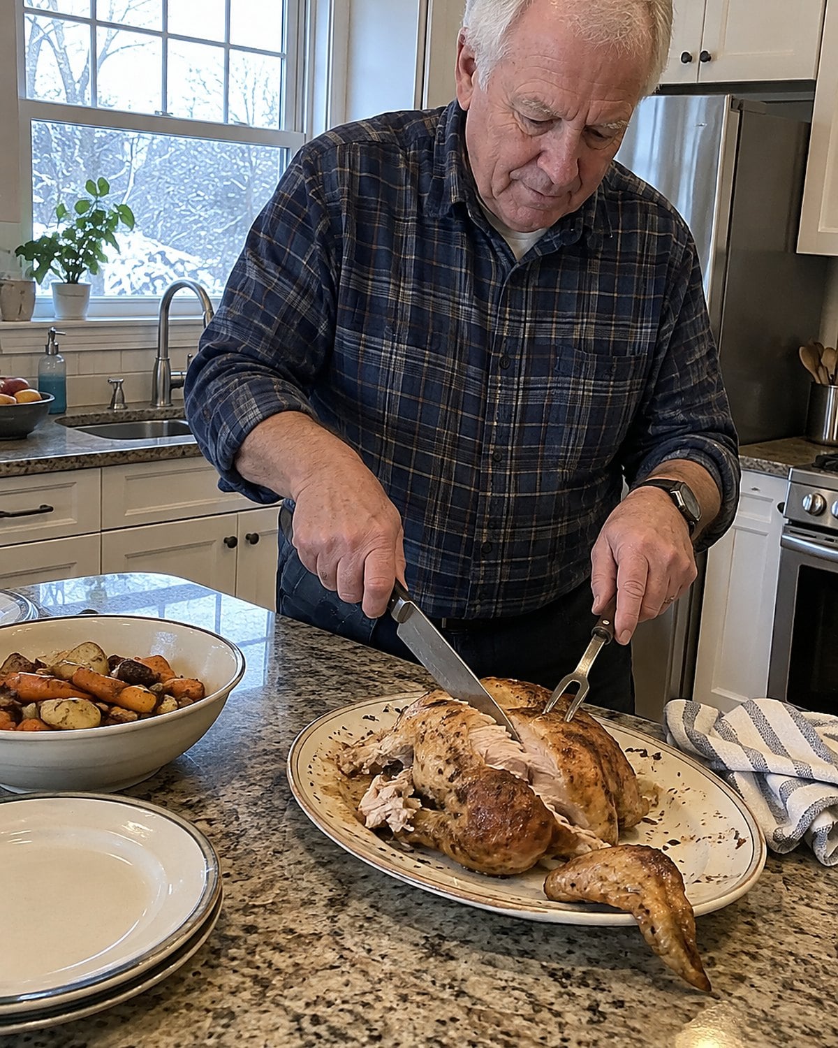 An older man carves roast chicken on a worn platter at the kitchen counter.