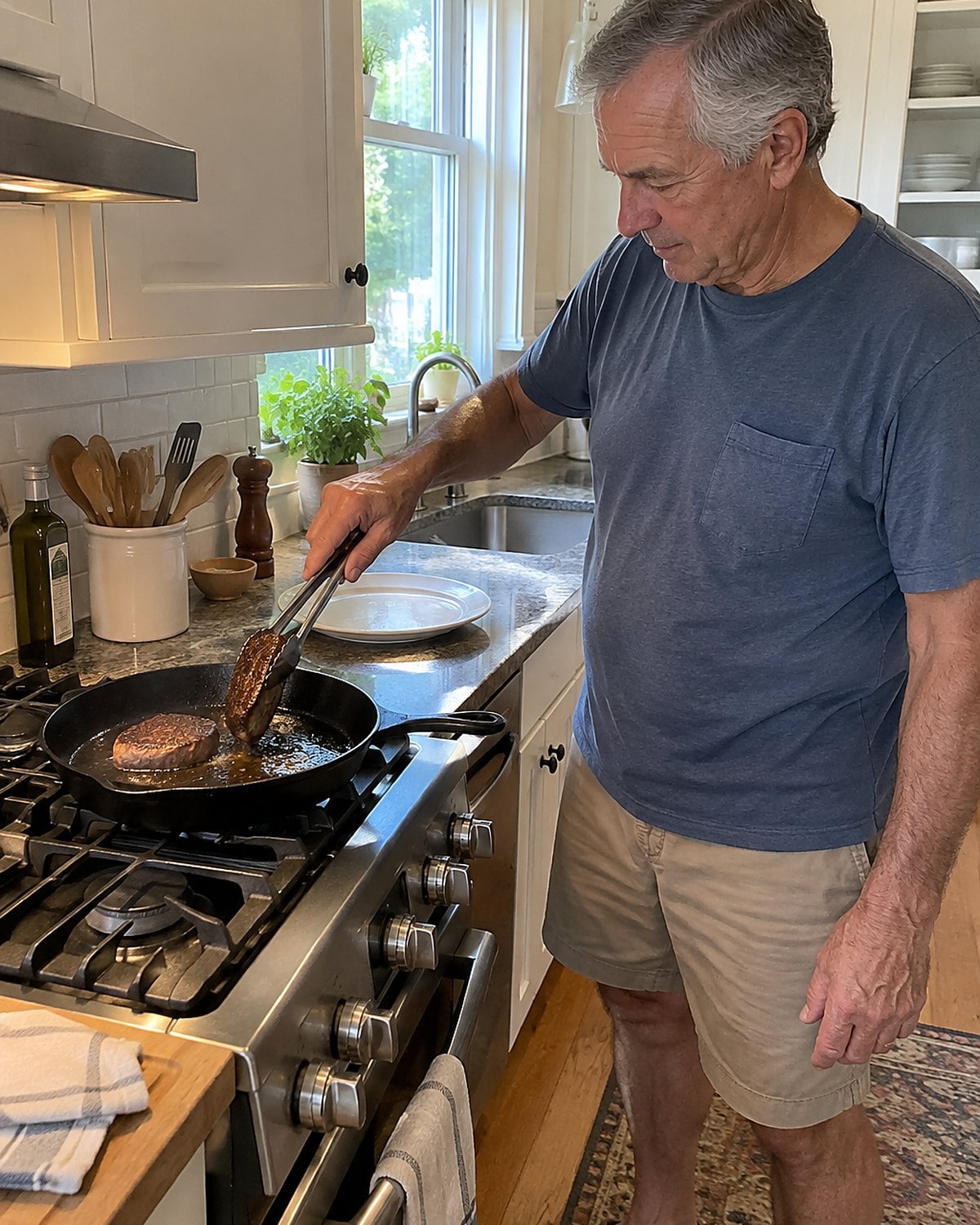 A hand lifts a steak's edge with metal tongs in a pan on the stove.