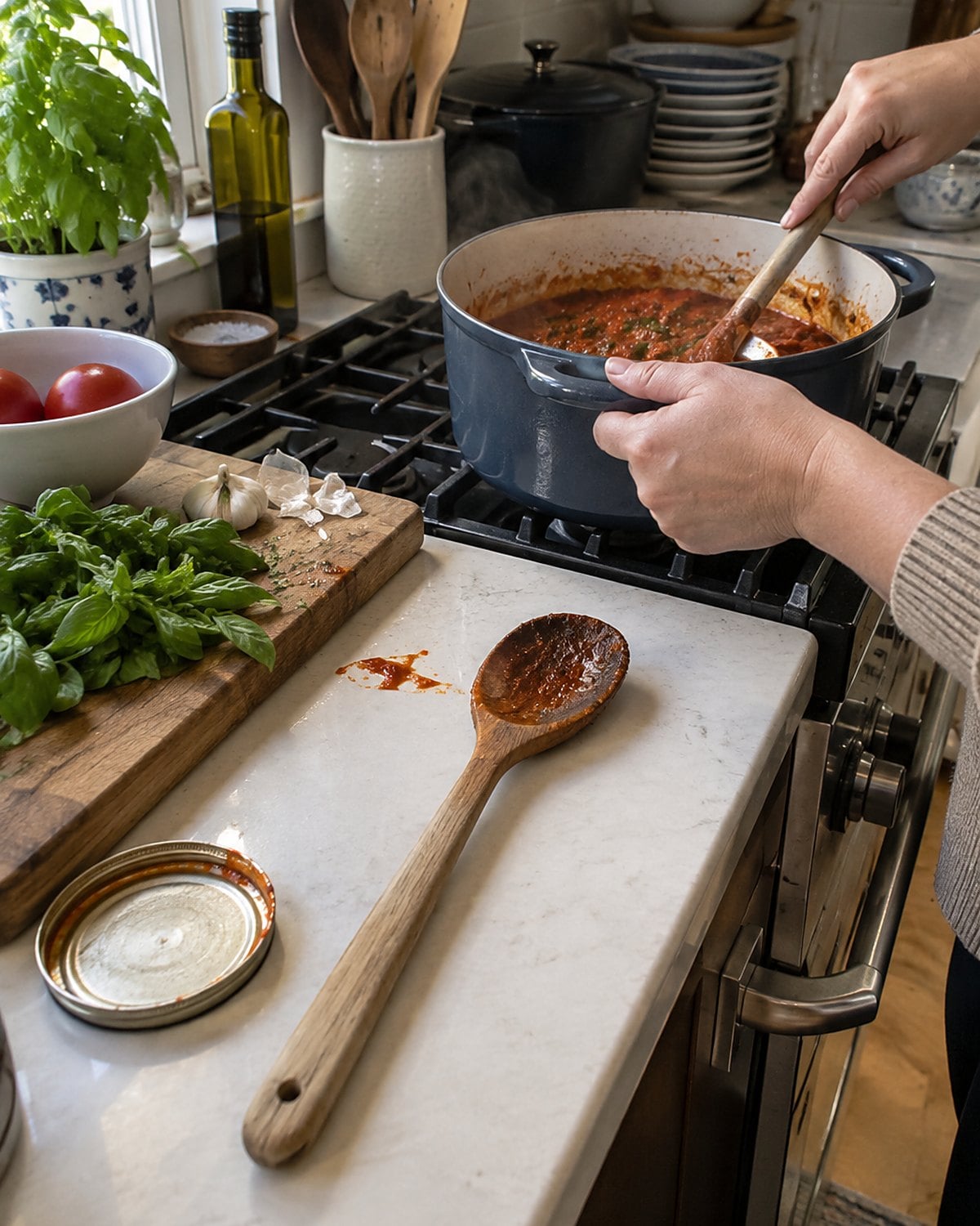 A worn wooden spoon lies beside a burner, its bowl stained from sauce.