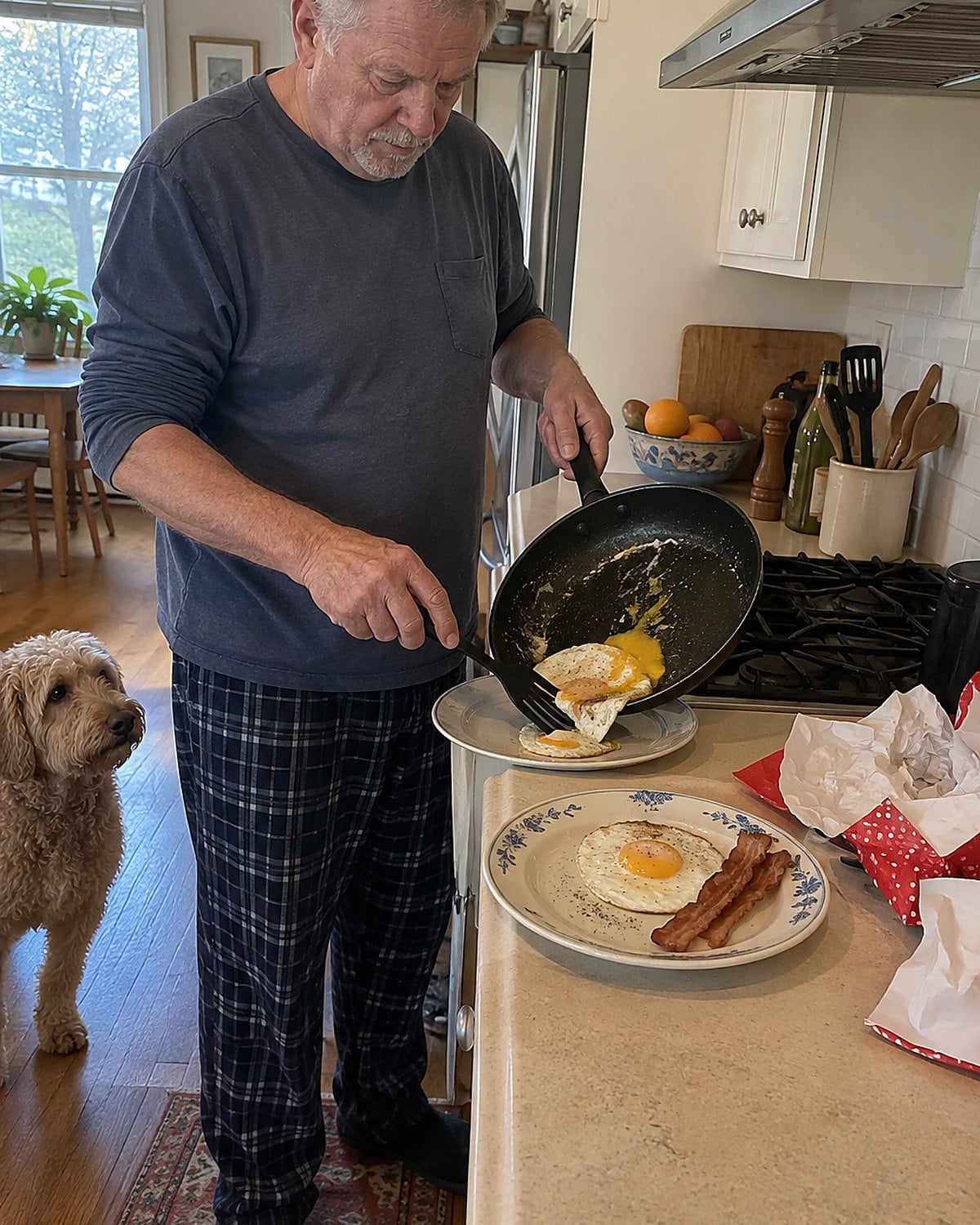 A man's hands move cooked eggs from a skillet to plates beside torn wrapping paper.