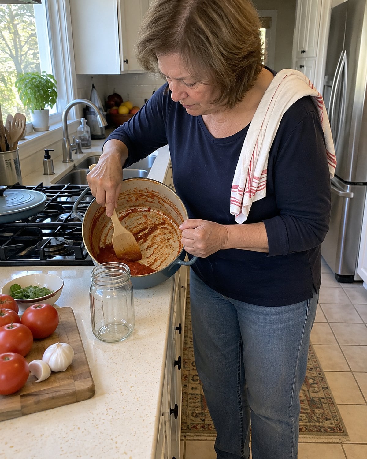 An older hand scrapes tomato sauce from the bottom of a stained pot with a flat-edged spoon.