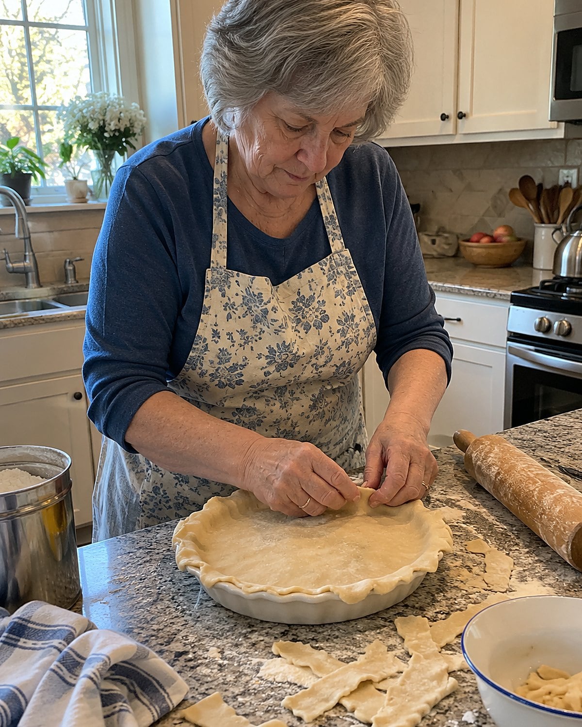Floury hands patch the edge of a pie crust beside a rolling pin.