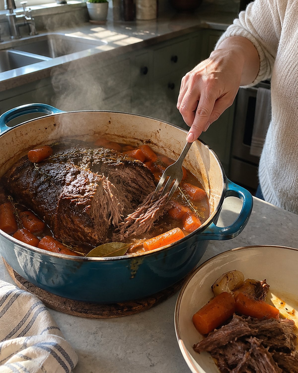A pot roast with slumped carrots rests in its Dutch oven on a worn kitchen trivet.