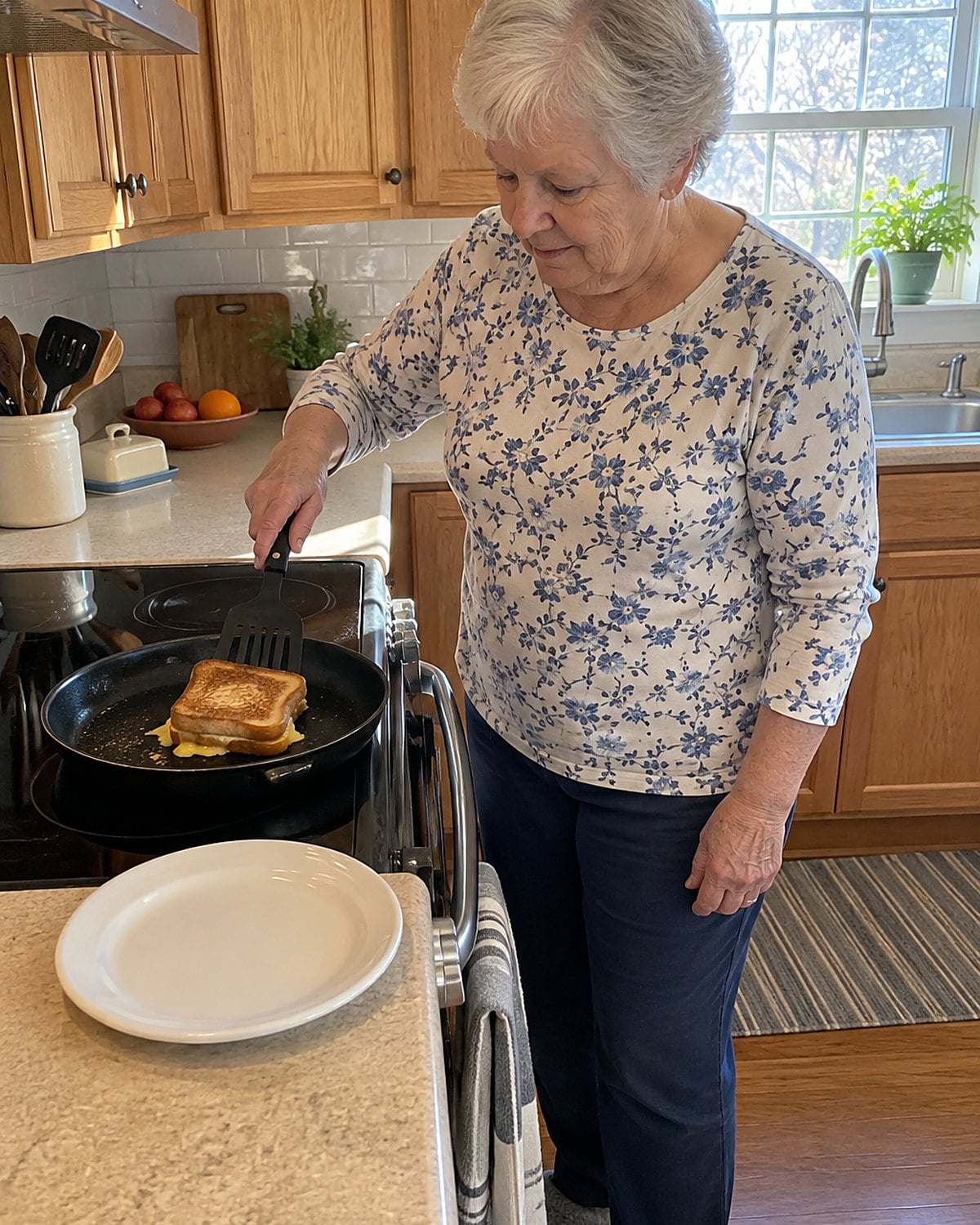 A cheese sandwich browns in a small pan while an older hand lifts one corner with a spatula.
