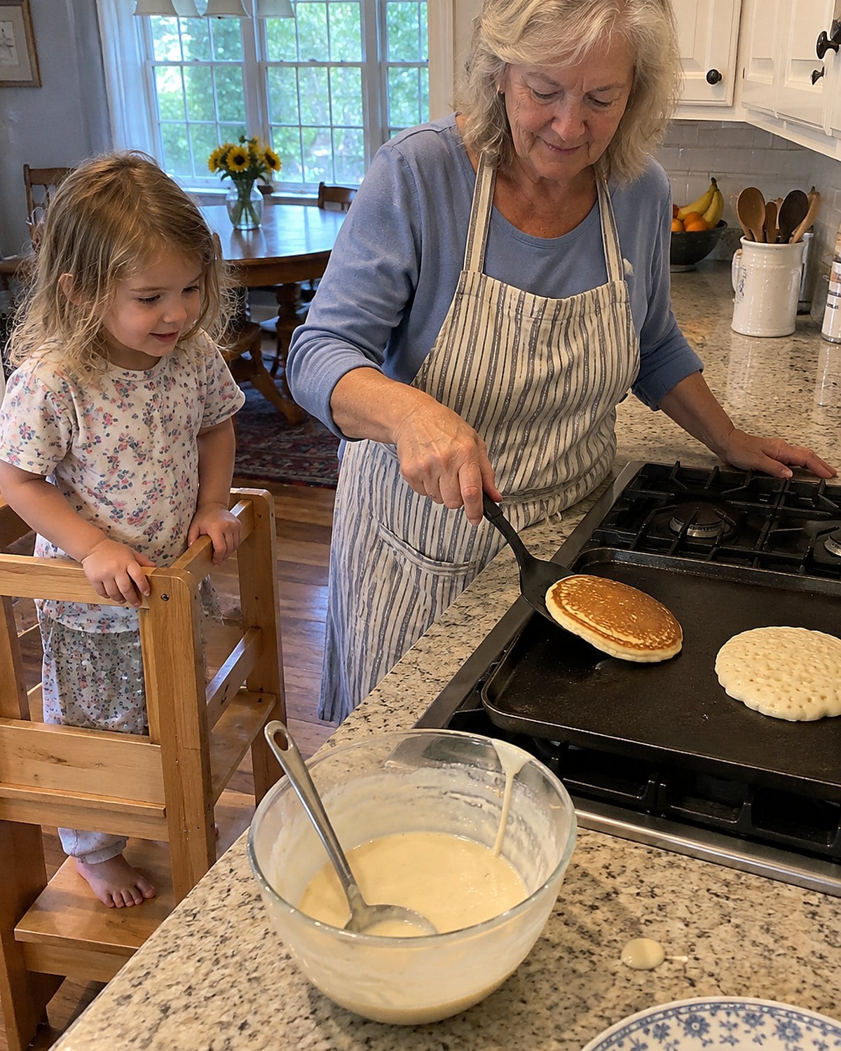 Pancake batter bubbles on a griddle while a child watches from a step stool.