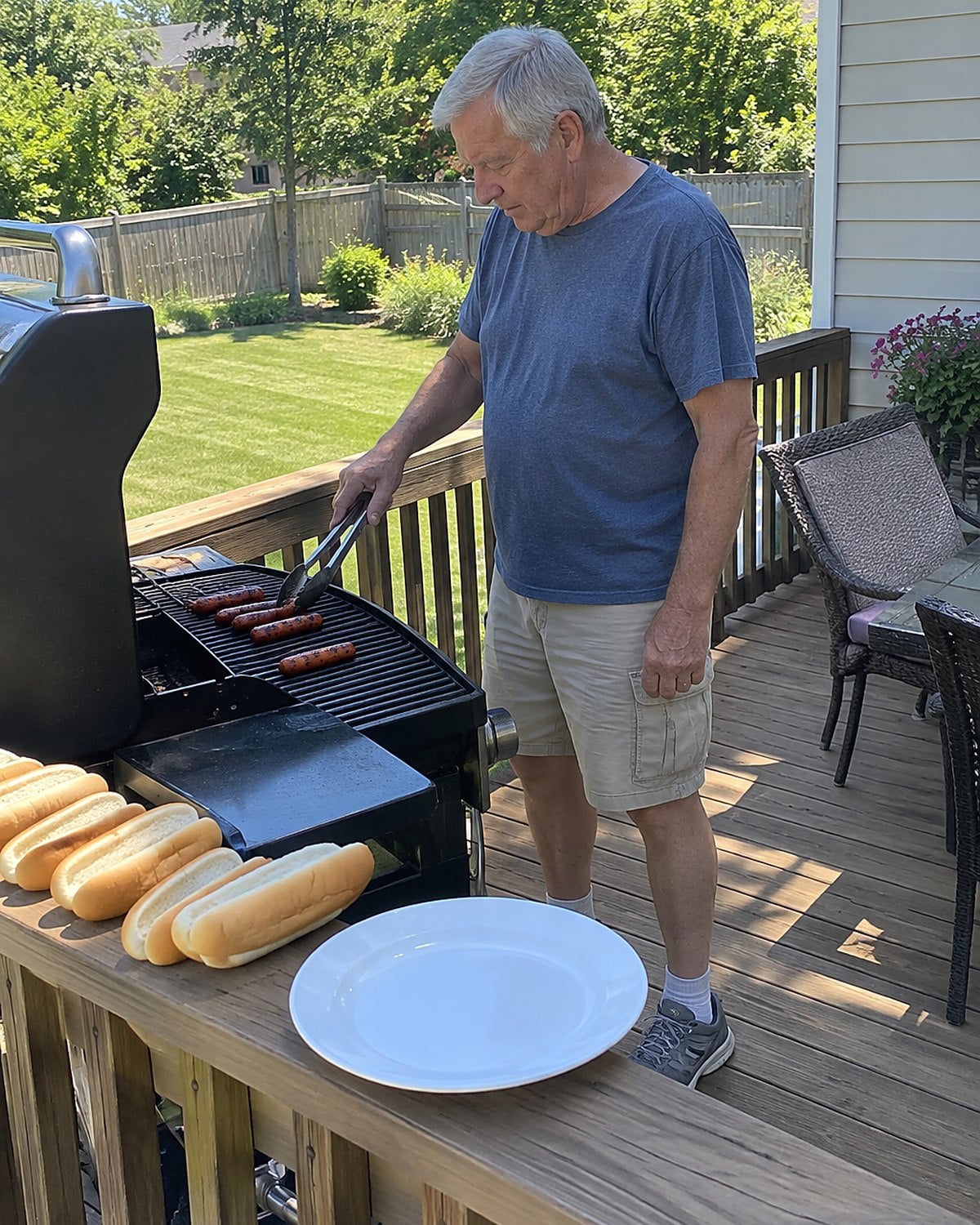 A man's hand turns hot dogs over a backyard grill while split buns wait on the porch rail.
