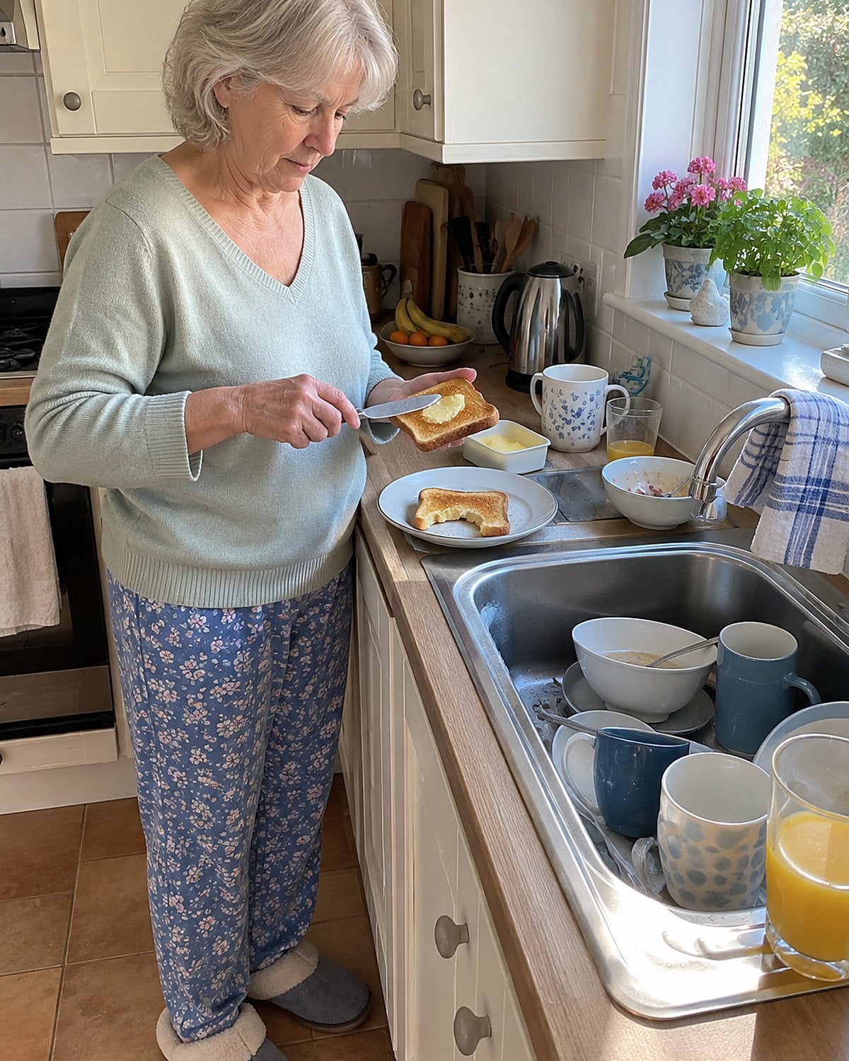Older hands spreading butter to the corners of toast beside a sink full of breakfast dishes.