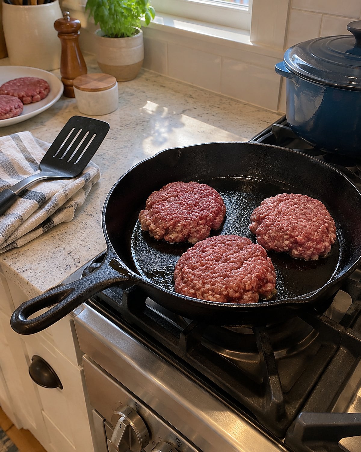 Raw burger patties spaced apart in a cast-iron pan on a home stove, with a spatula resting nearby.
