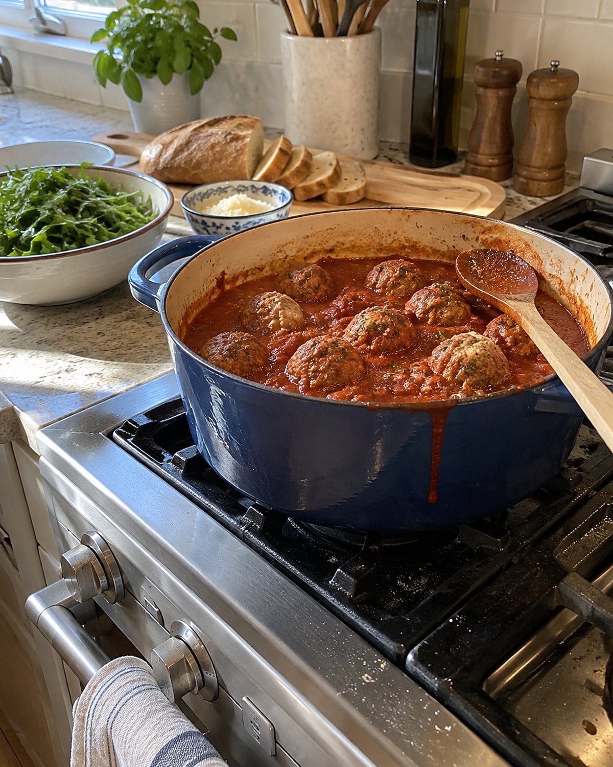 Meatballs sit in tomato sauce in a pot on the stove, with a spoon resting on the rim.