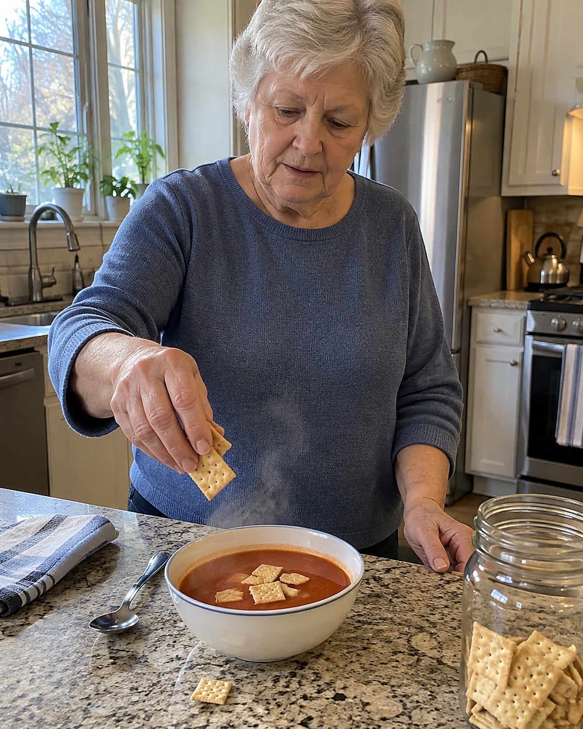 Crackers fall from an older hand into a bowl of tomato soup at the counter.