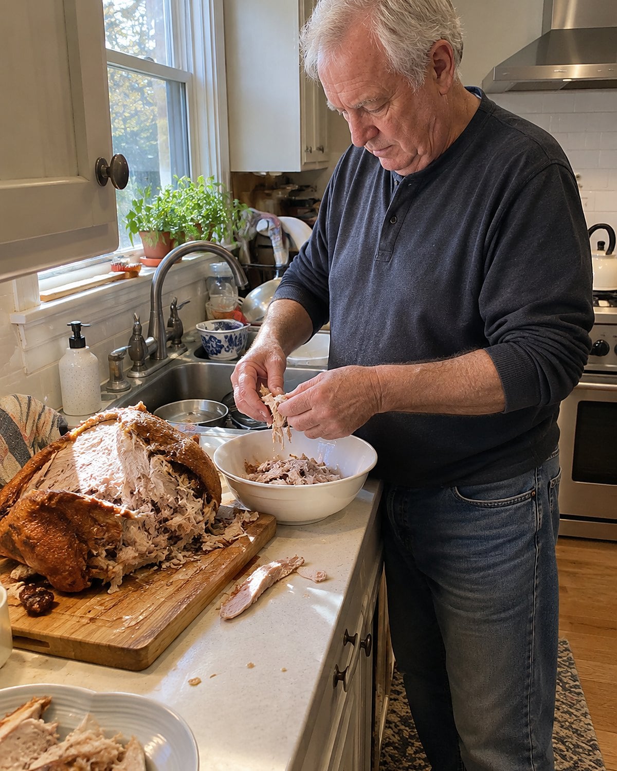 A man's hands pull cooked turkey meat from the frame beside a crowded sink.