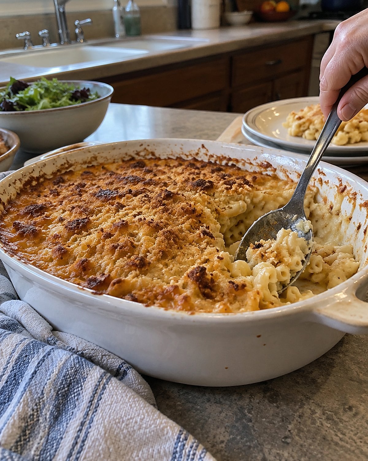 A serving spoon breaks through the browned top of macaroni in a shallow baking dish.