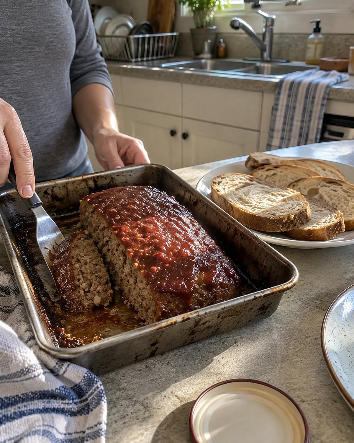 Meatloaf cools in a worn metal pan beside sliced bread for sandwiches.