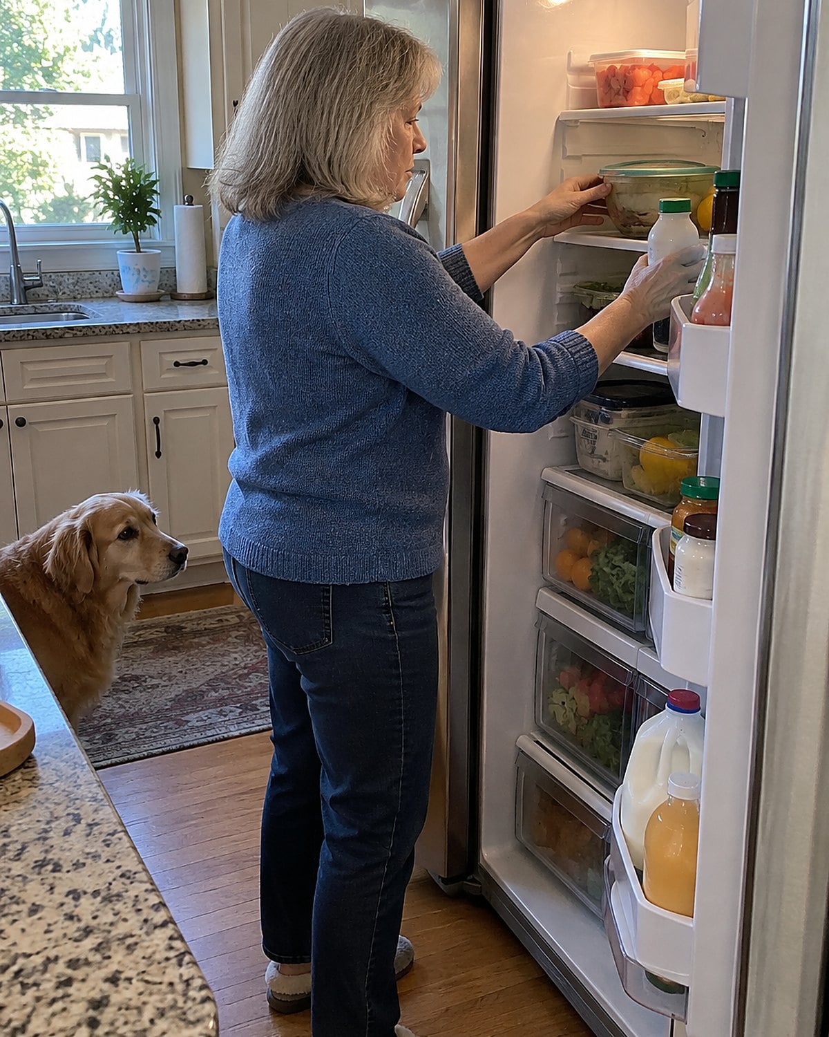 A hand moving a half-used condiment bottle aside at an open refrigerator door.