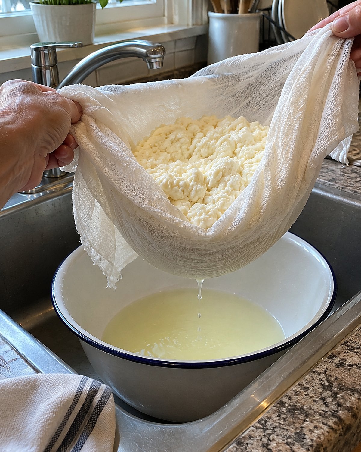 Fresh cheese curds draining through cloth over a bowl in the sink.