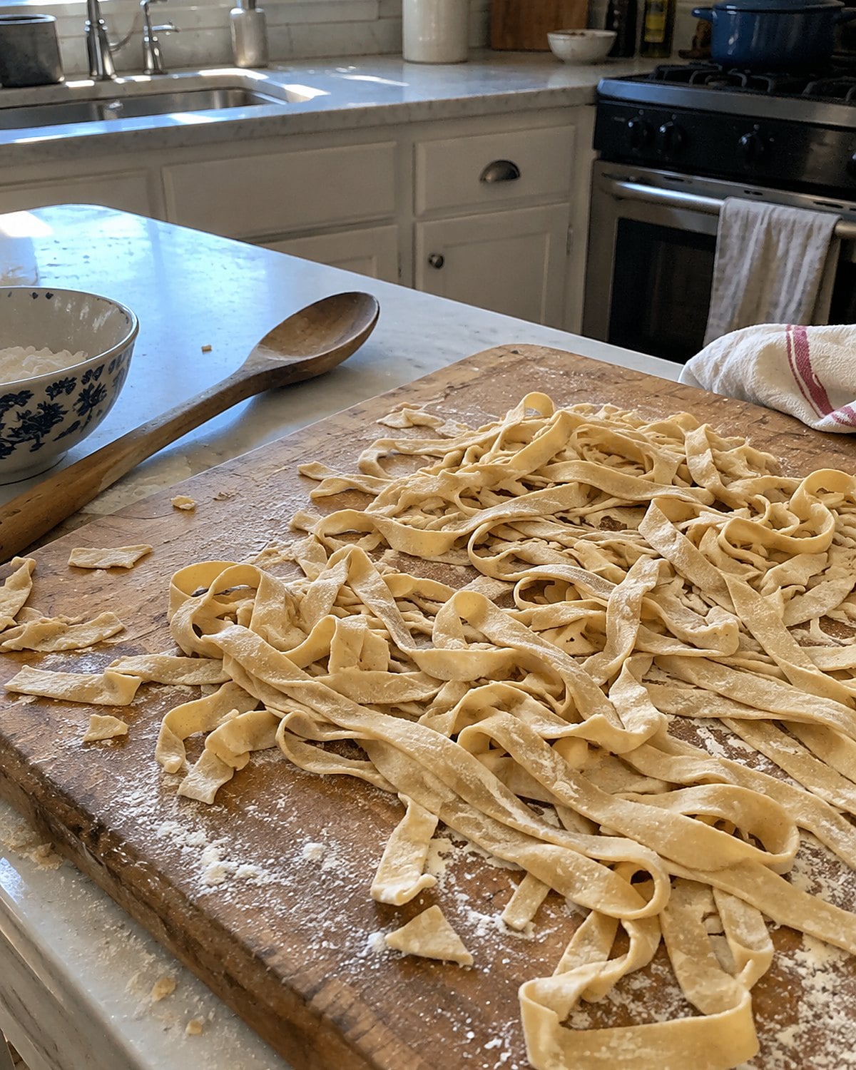 Irregular egg noodles scattered across a flour-dusted wooden board.