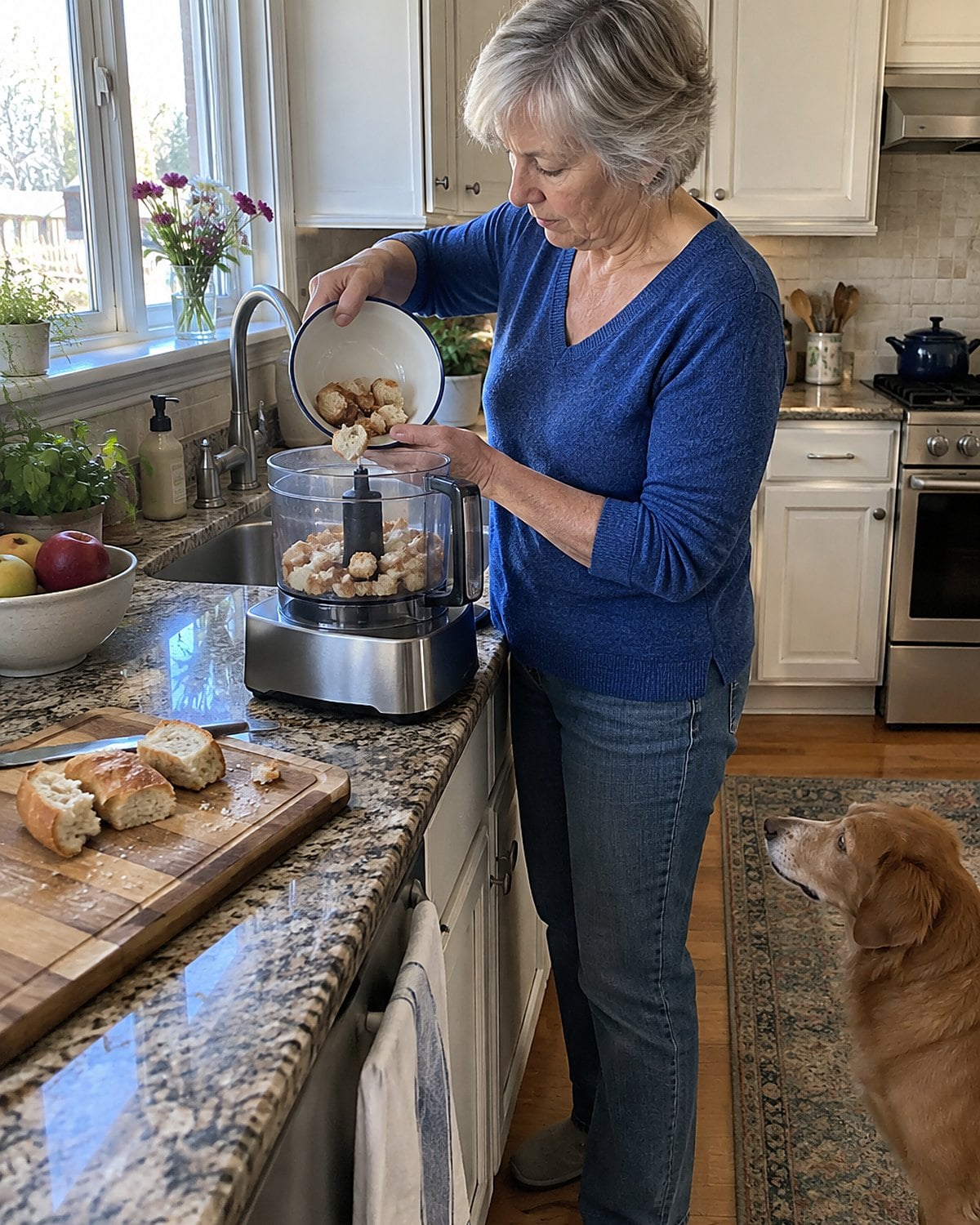 Hands tipping torn bread crusts into a food processor beside the sink.