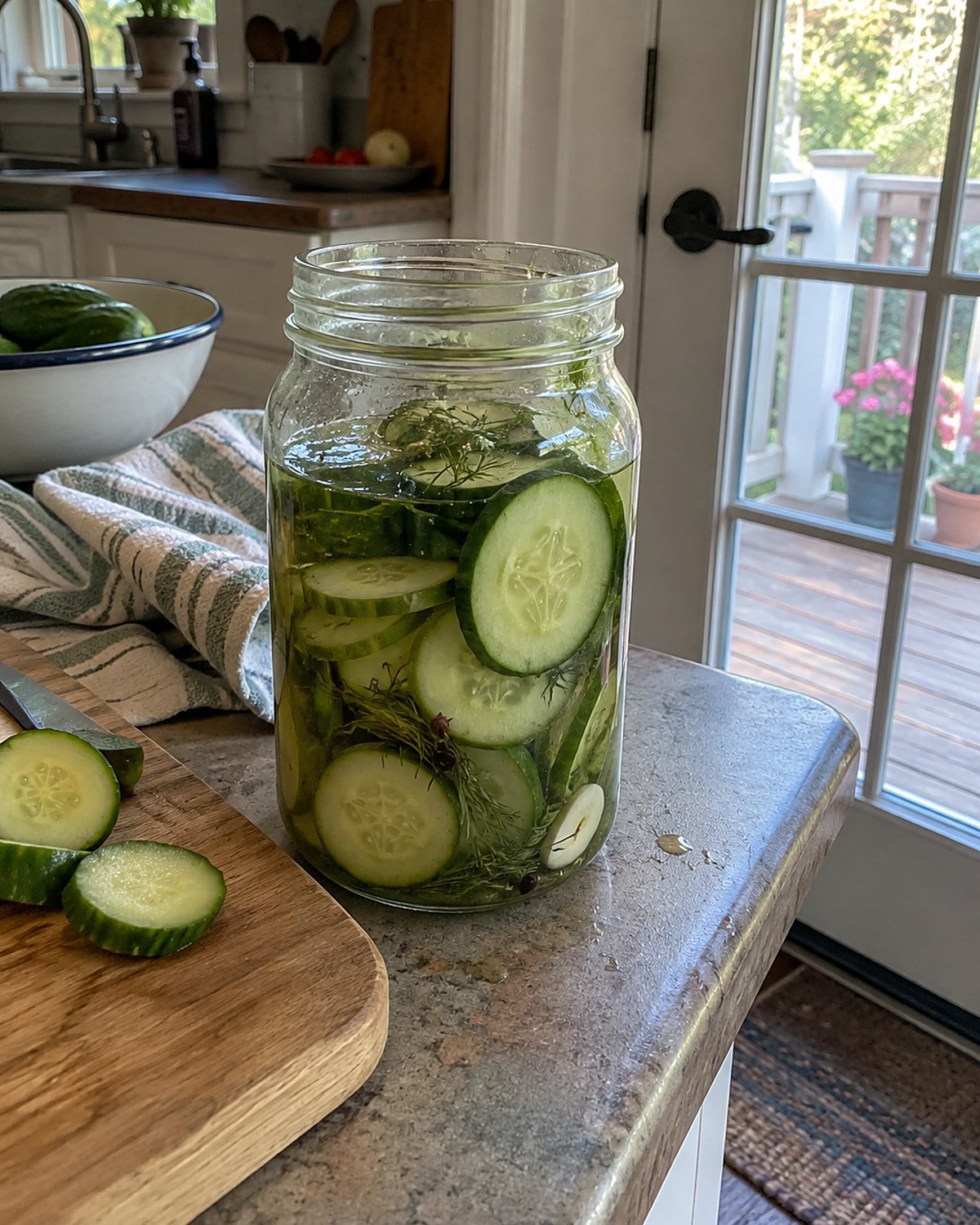 A jar of sliced cucumbers beside a porch door, with a little brine on the rim.