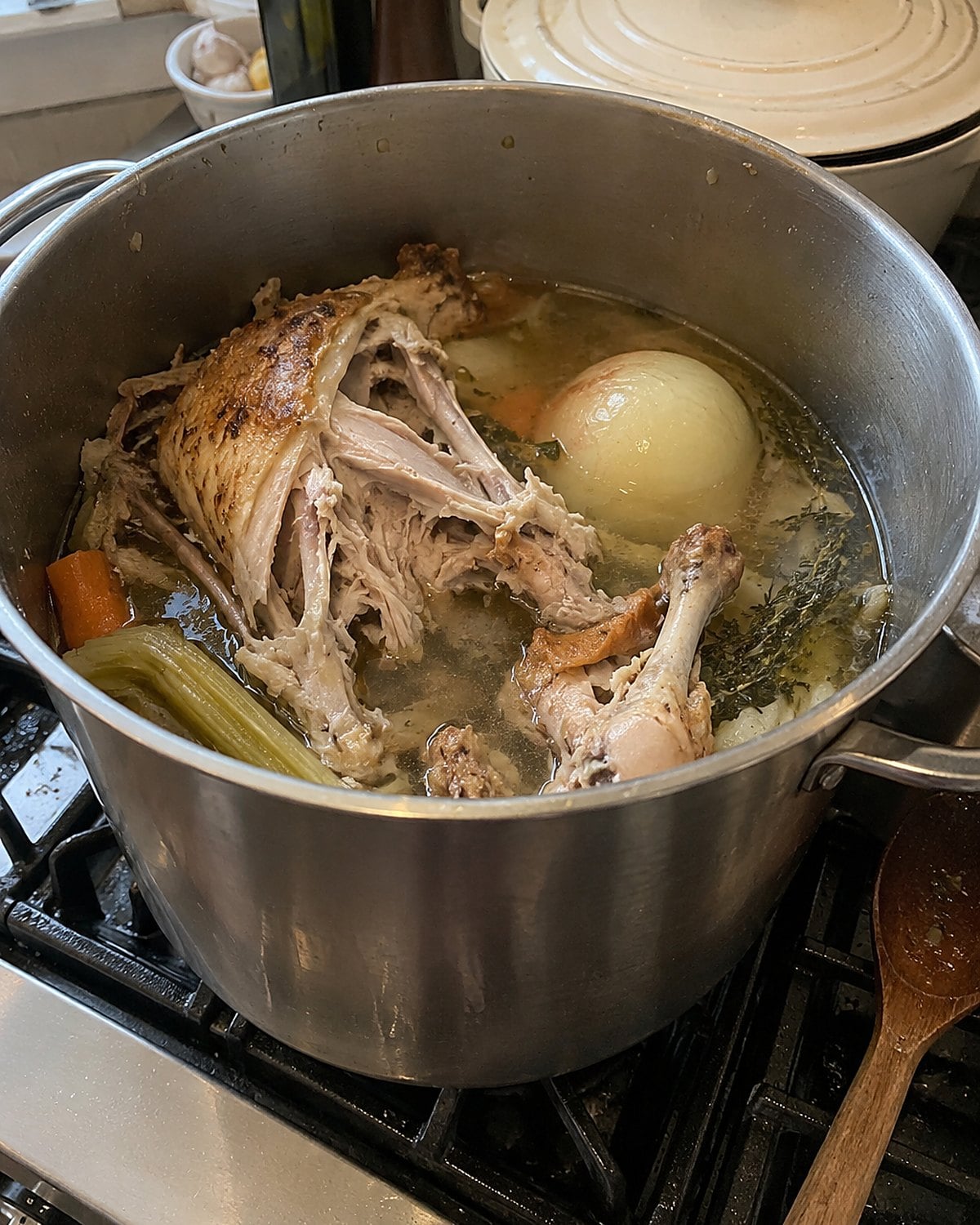 A picked-over chicken carcass in a stockpot beside an onion on the stove.