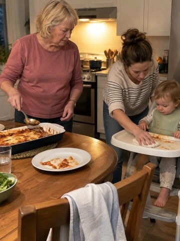 At a grandchildโs high chair at the table in the evening, a woman holds a casserole spoon while her daughter-in-law wipes the tray beside her in the stove light, neither posing.