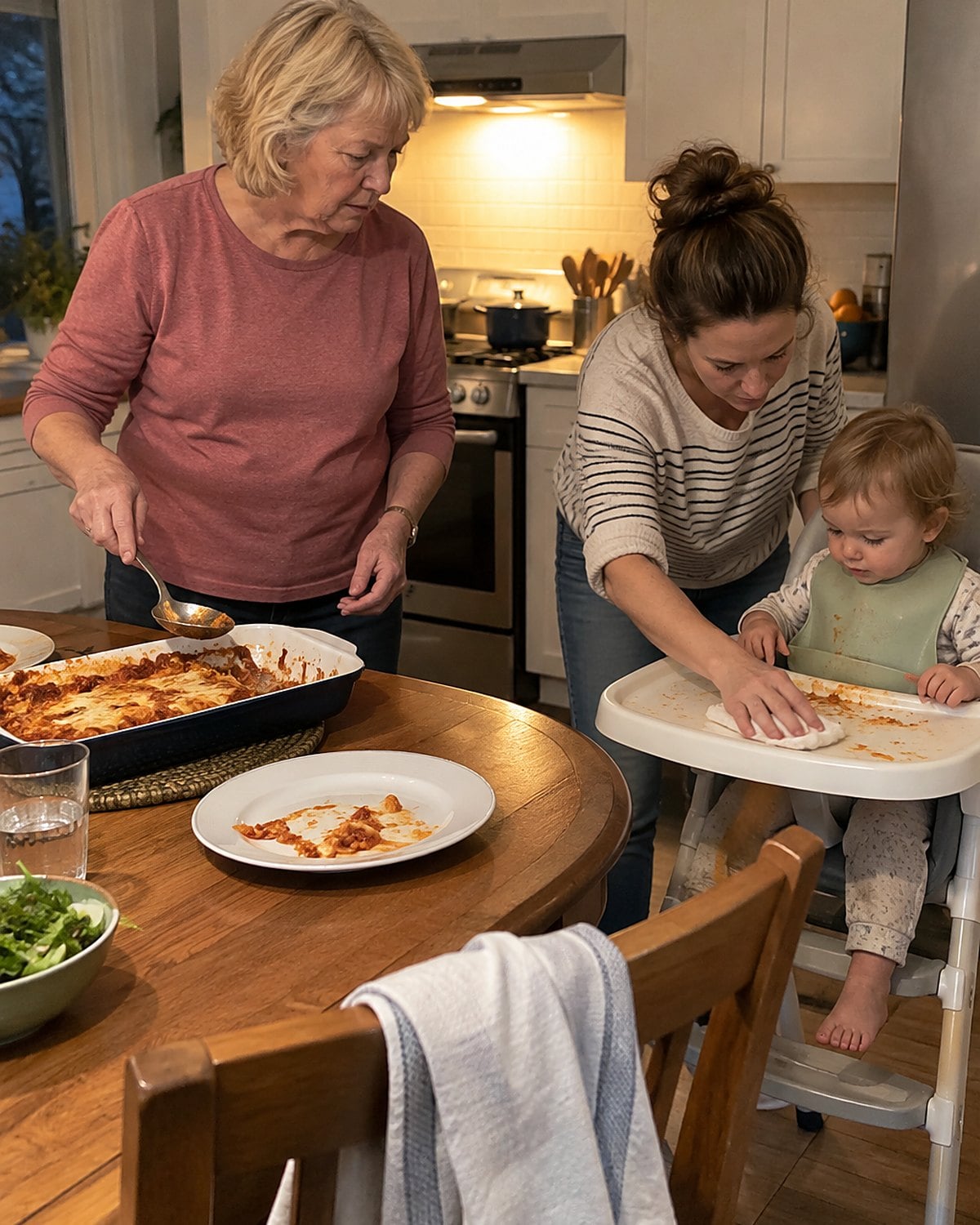 At a grandchild’s high chair at the table in the evening, a woman holds a casserole spoon while her daughter-in-law wipes the tray beside her in the stove light, neither posing.