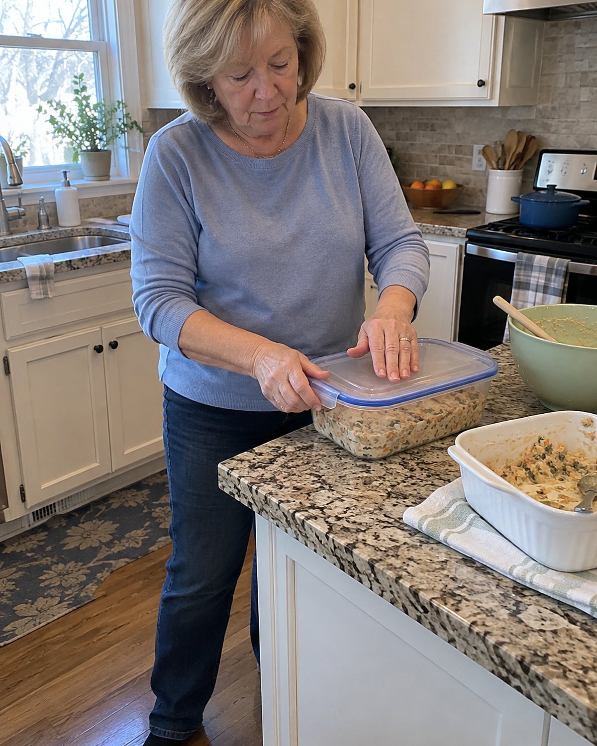Hands pressing a lid onto a container of unbaked casserole filling beside a small baking dish on the counter.