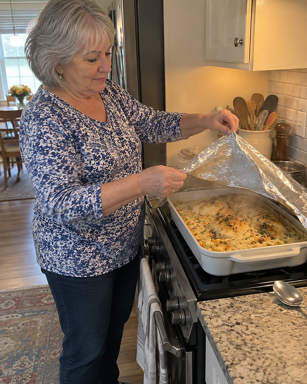 A hand lifting foil from a chicken and rice casserole beside the stove.