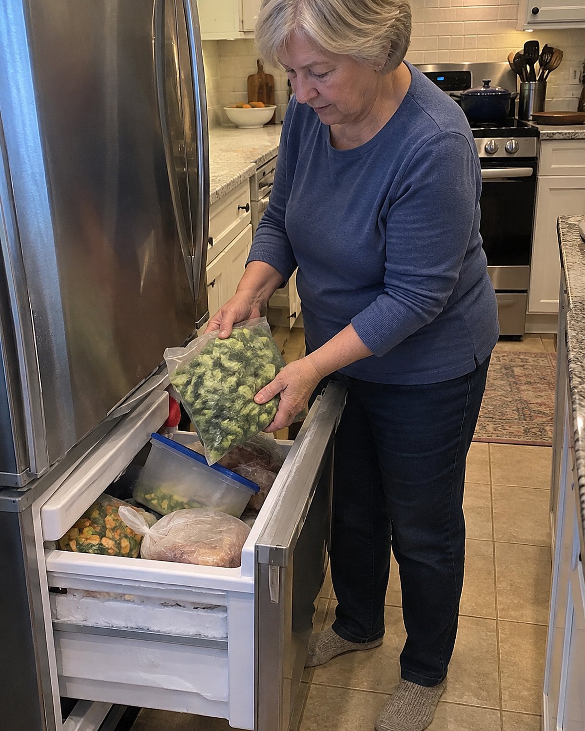A hand pulling a bag of frozen broccoli from a crowded freezer drawer.