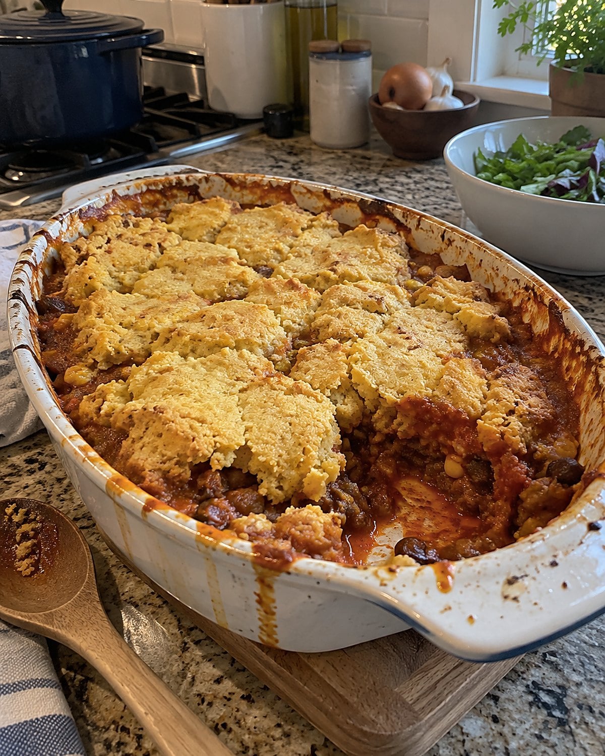 Cornmeal topping spooned unevenly over bubbling tamale pie in an oven dish.
