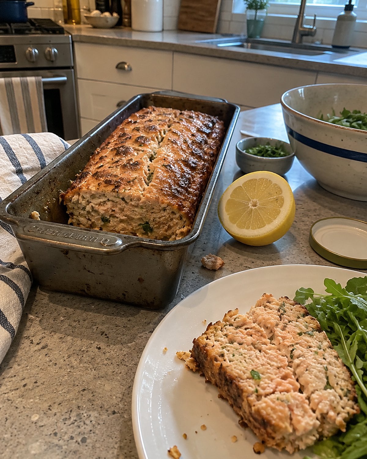 A salmon loaf resting in its narrow pan beside a cut lemon on the counter.