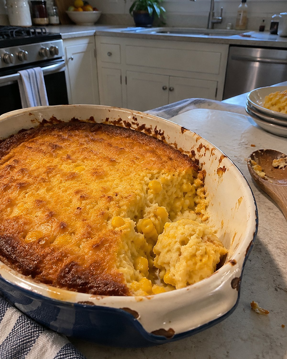 A spoon dipping into a just-set corn pudding in a chipped serving dish.