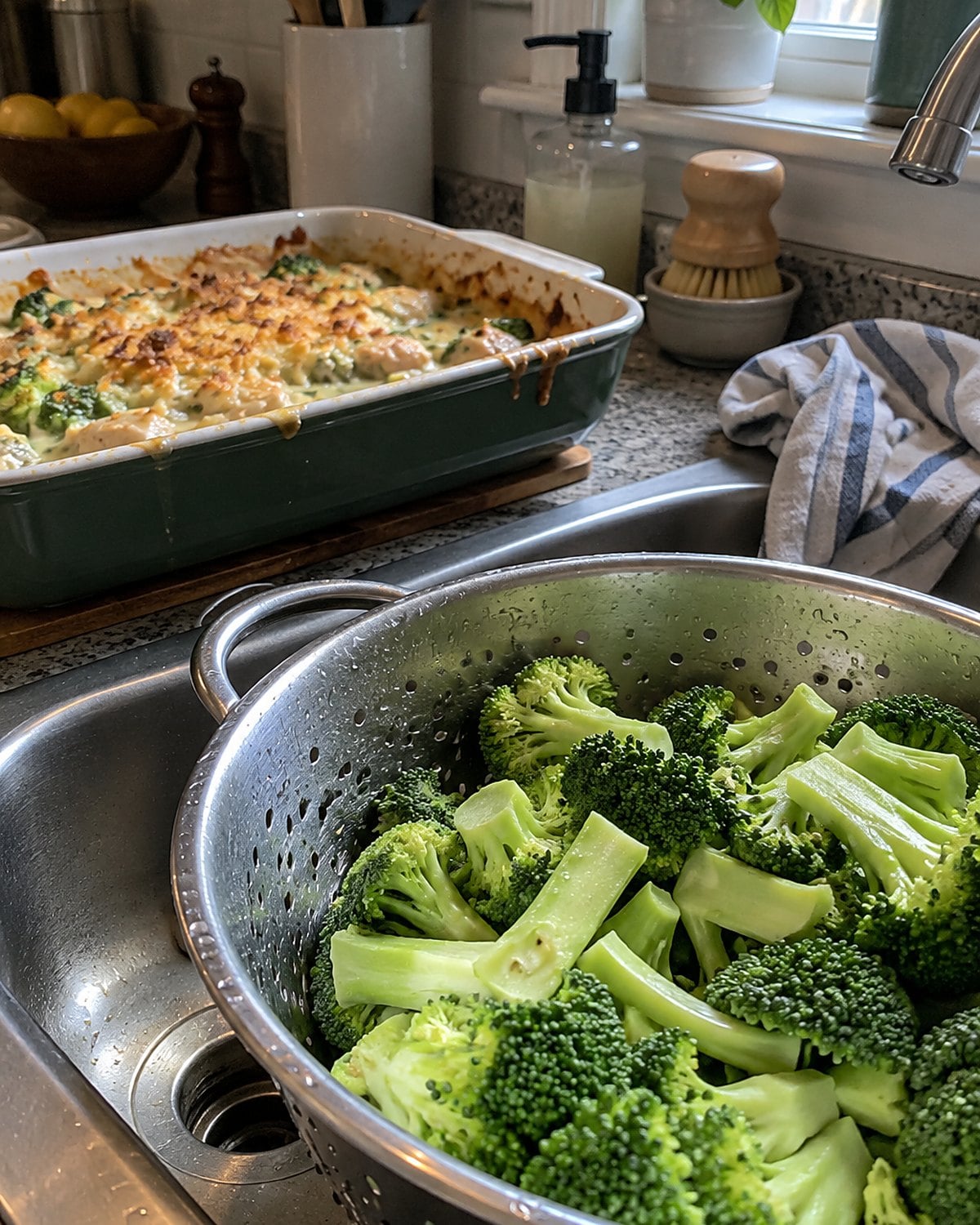 Broccoli stems and florets draining beside a dish of chicken Divan at the sink.
