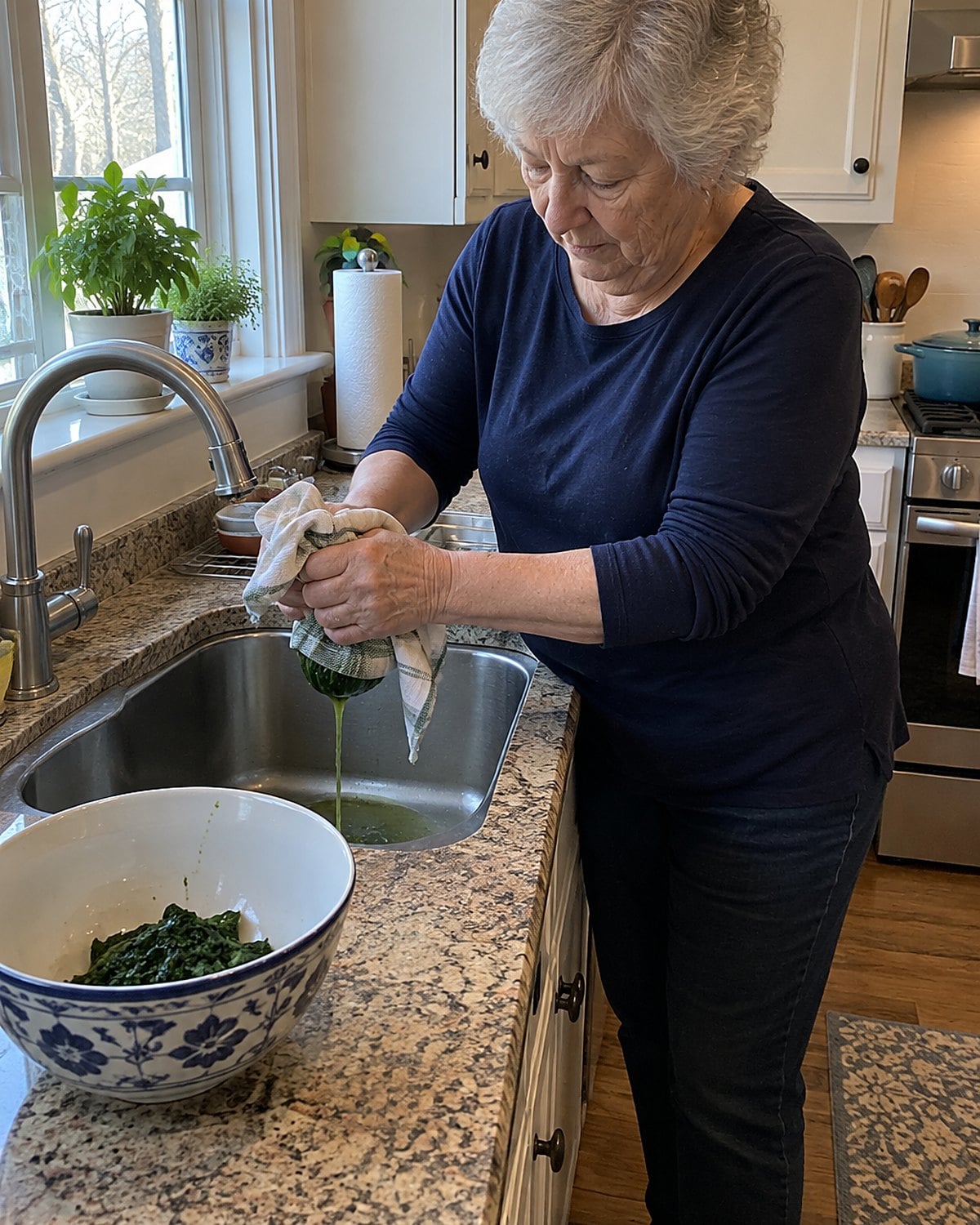 Hands squeezing thawed spinach in a clean towel over a kitchen sink.