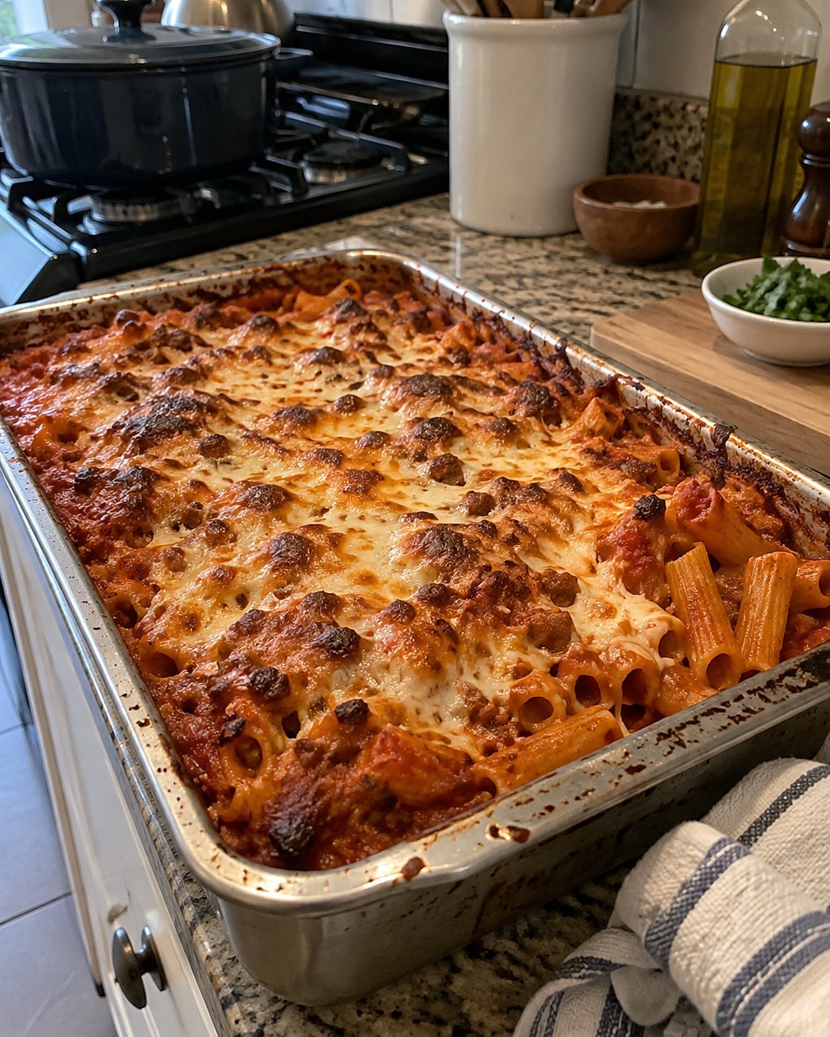 Bare pasta ends poking through sauce at the corner of a baked ziti pan.