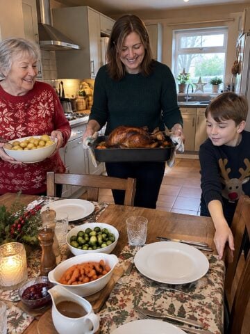 Three generations in one kitchen at a Christmas dinner table, with dishes still being carried in just before dinner and nobody posing.