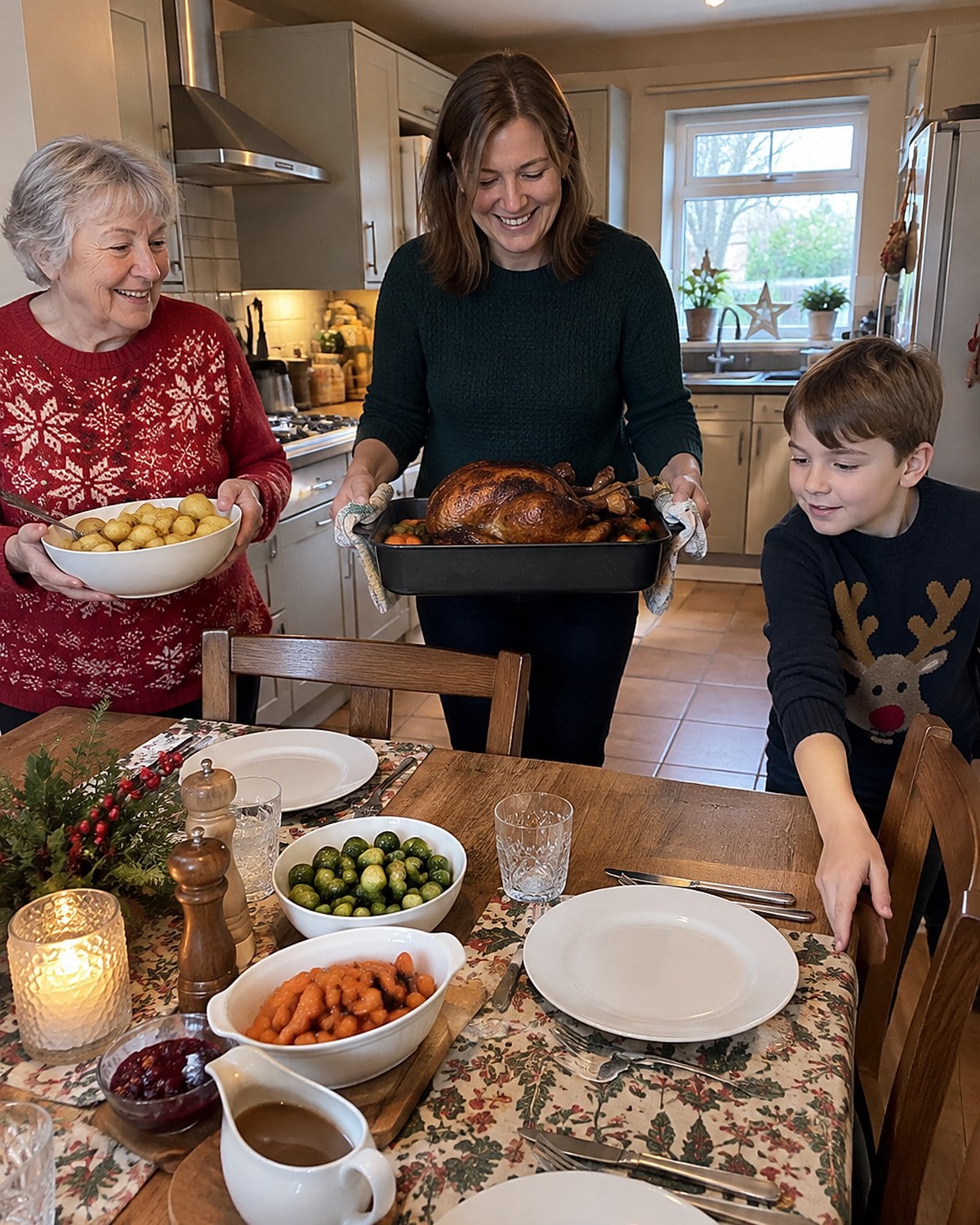 Three generations in one kitchen at a Christmas dinner table, with dishes still being carried in just before dinner and nobody posing.