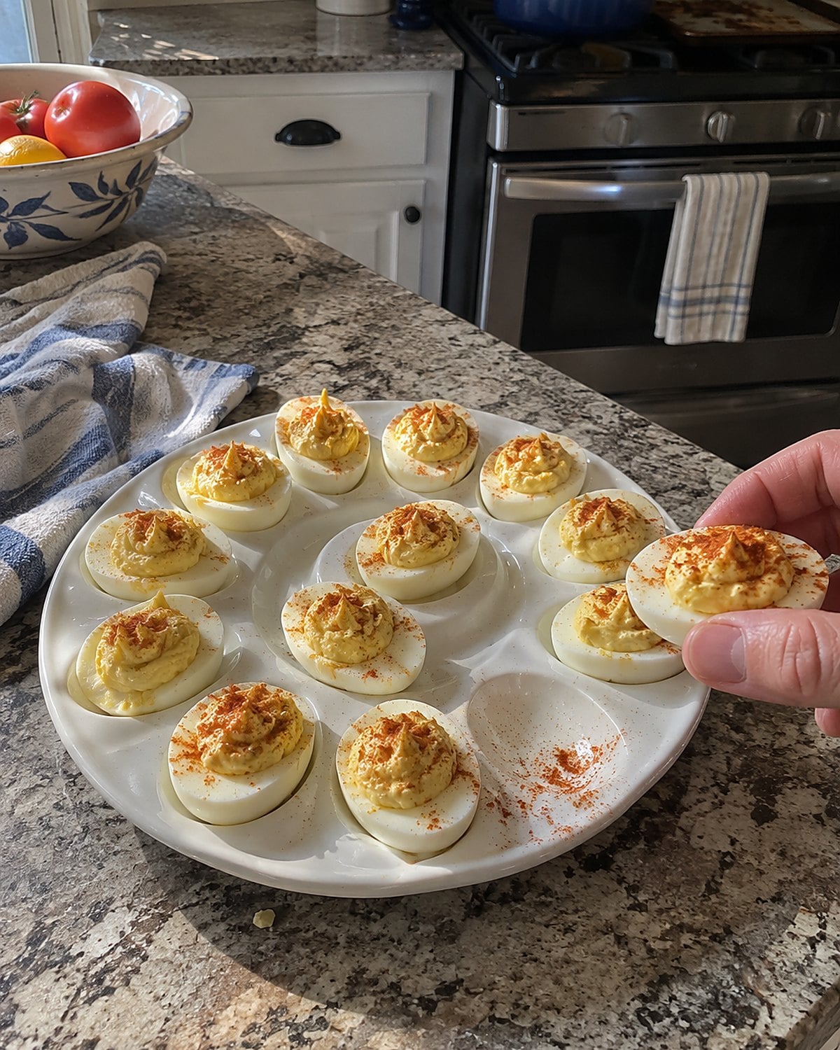 Deviled eggs on a relish tray with one empty oval on the plate.