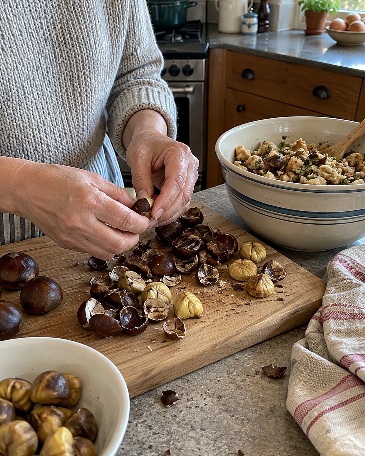 Broken pieces of peeled chestnut on a cutting board beside a bowl of bread stuffing.