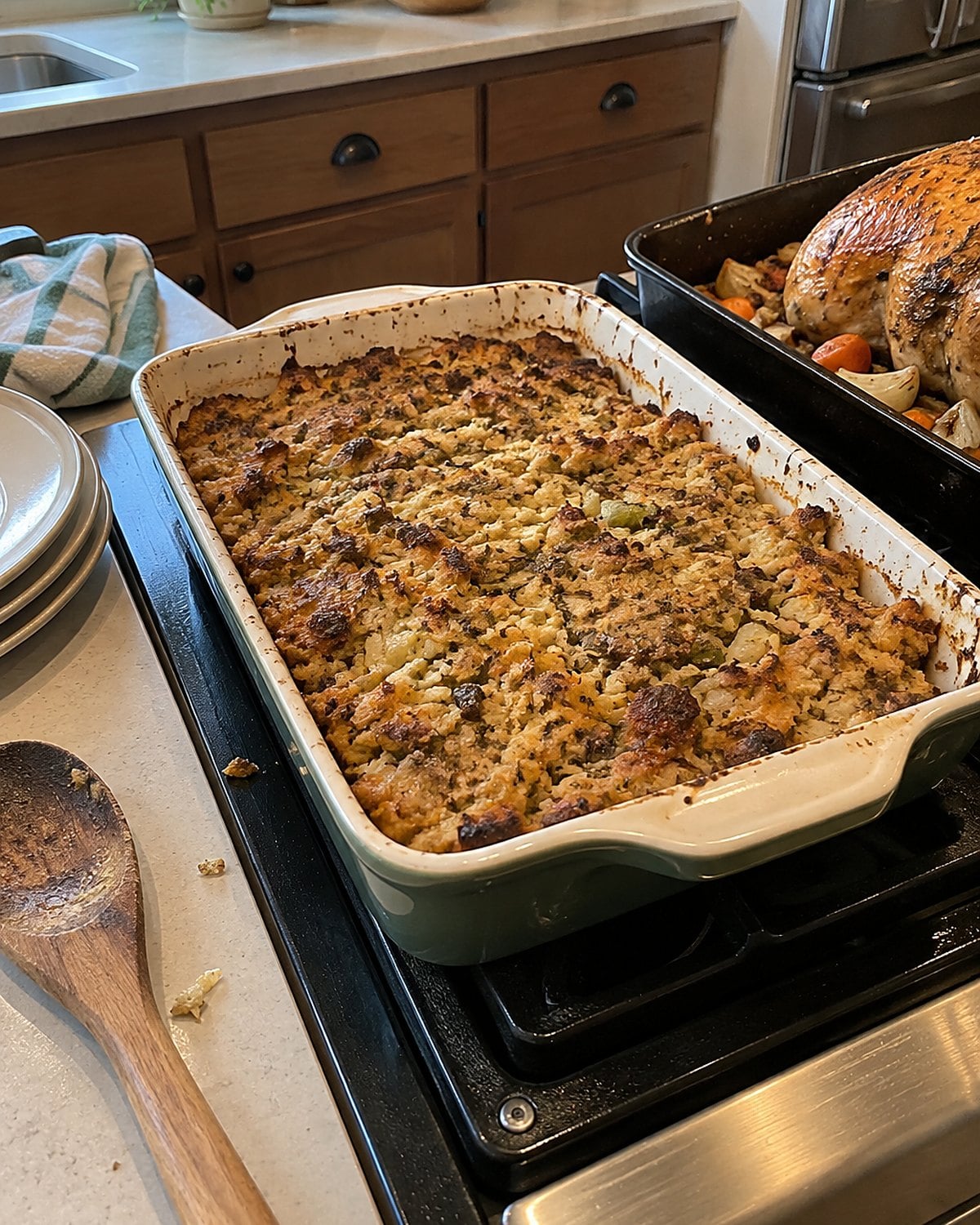 Oyster dressing with a browned top in a ceramic baking dish beside a roasting pan on the stove.