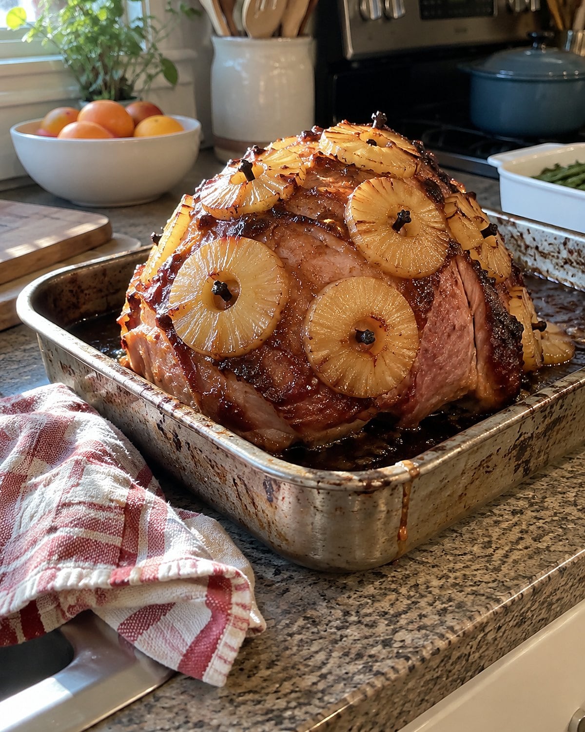 Pineapple rings fastened to a ham in a dented roasting pan on the kitchen counter.