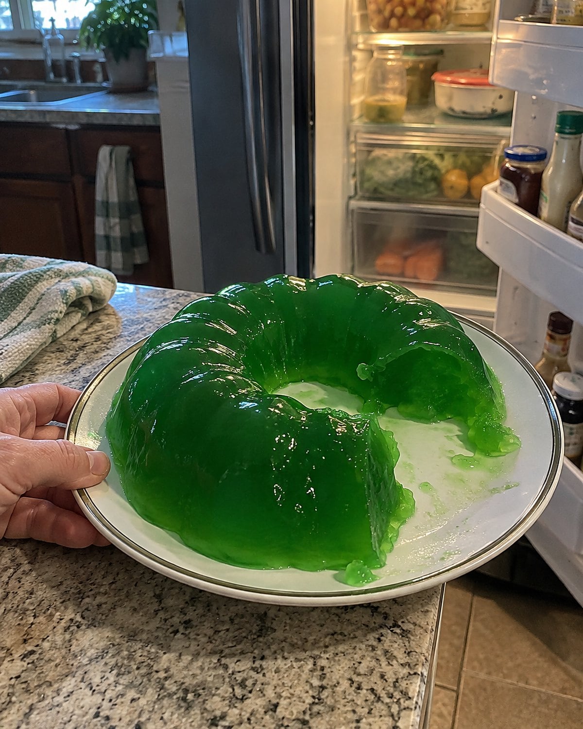 A green gelatin mold with uneven edges on a plate beside an open refrigerator door.