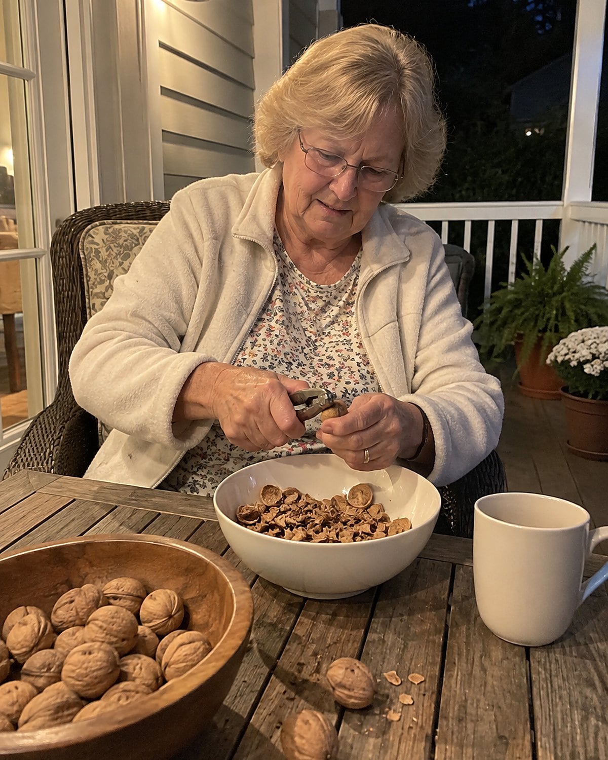 Older hands using a nutcracker over a shell bowl on the porch after dinner.